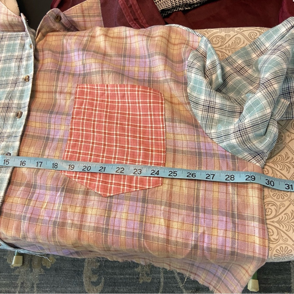 Colorful Patchwork Colorful Flannel Plaid Shirt Raw Hem Cropped Volup 2X - Picture 2 of 11